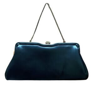 Vintage 60’s Black Faux Leather Frame Bag Clutch w/ Mixed Metal Starburst Clasp